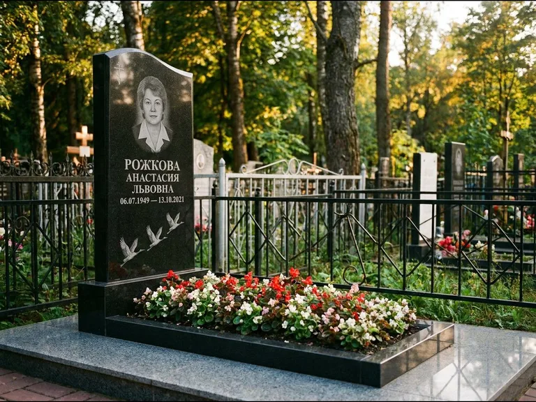 Памятник с гравировкой журавлей — гравировка трёх журавлей по диагонали через свободное поле с, работа «Рожкова» в Барнауле