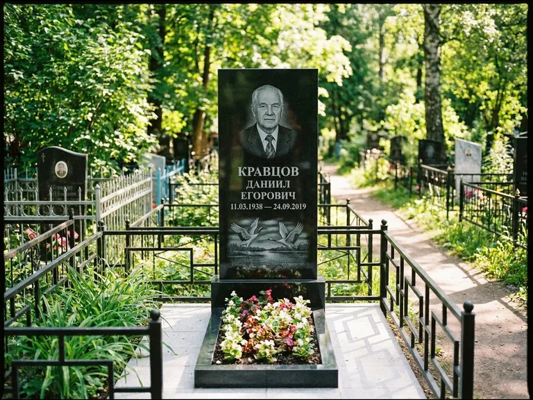 Памятник с гравировкой журавлей — гравировка пары журавлей над гладью озера в нижней части, работа «Кравцов» в Барнауле