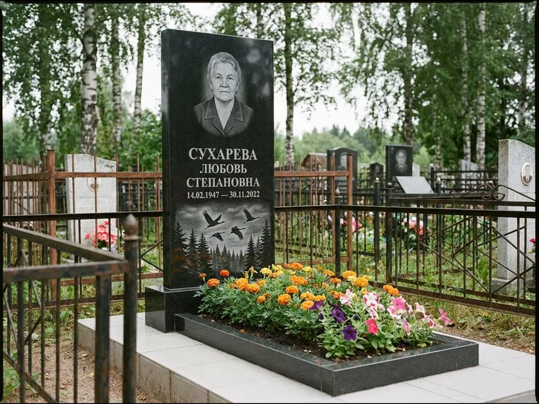 Памятник с гравировкой журавлей — гравировка силуэтов журавлей над еловым лесом, работа «Сухарева» в Барнауле
