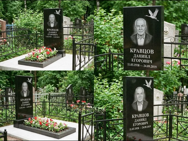 Памятник с гравировкой журавлей — белая гравировка клина журавлей, уходящего в верхний угол ст, работа «Кравцов» в Барнауле