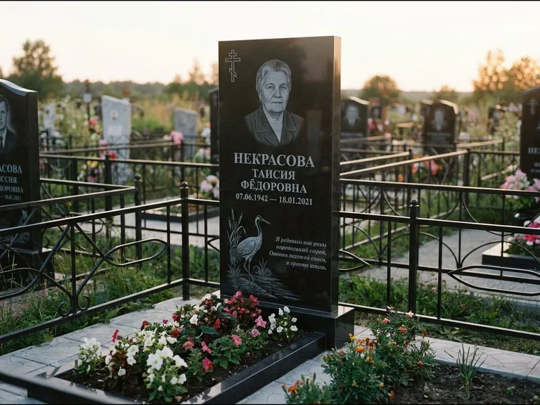 Памятник с гравировкой журавлей — гравировка журавля у камышей рядом с эпитафией, работа «Некрасова» в Барнауле