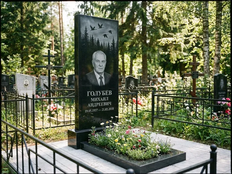Памятник с гравировкой журавлей — гравировка силуэтов журавлей над еловым лесом, работа «Голубев» в Барнауле