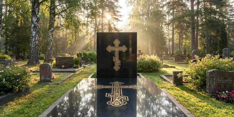 Гравировка креста на памятнике в Барнауле — православный восьмиконечный крест на граните