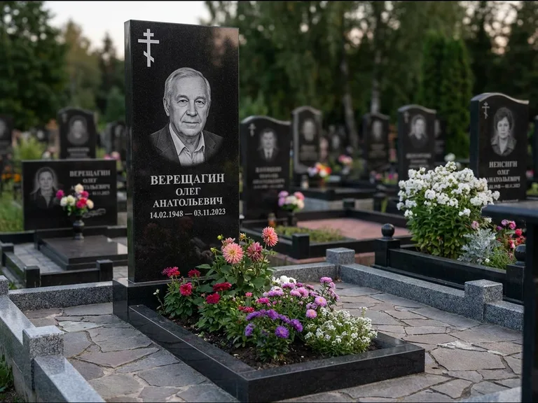 Памятник из чёрного гранита — горизонтальная плита-стела с православным восьмиконечным крестом, работа «Тихонов» в Барнауле