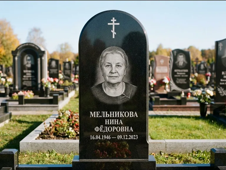 Памятник из чёрного гранита — стела с резным навершием с латинским крестом, работа «Савельева» в Барнауле
