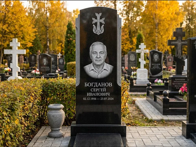 Памятник из чёрного гранита — круглая стела-медальон с армянским хачкаром, работа «Ковалёв» в Барнауле