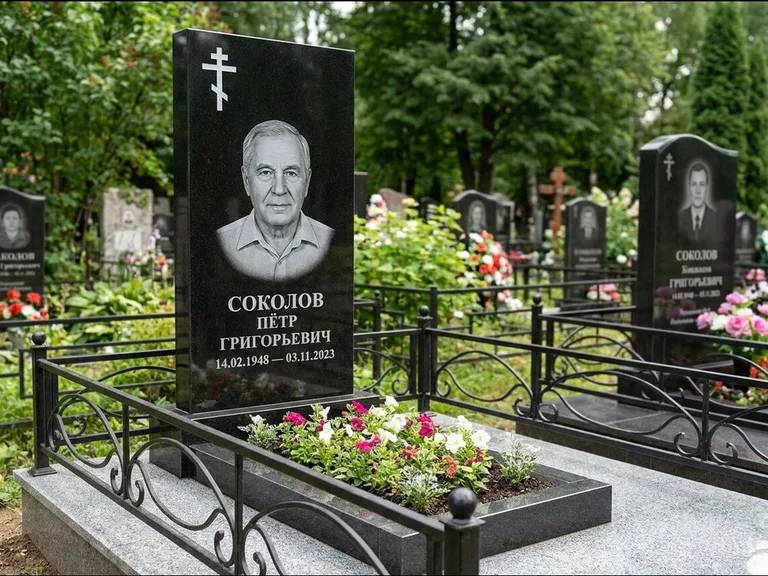 Памятник из чёрного гранита — стела с арочным верхом с православным восьмиконечным крестом, работа «Ковалёв» в Барнауле