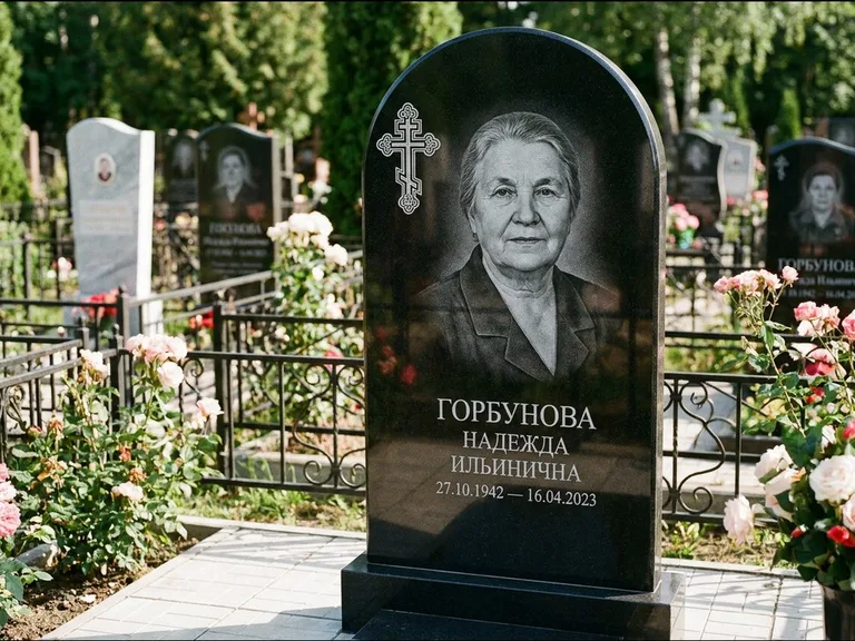 Памятник из чёрного гранита — стела с боковой колонной с крестом в лучах, работа «Мельникова» в Барнауле