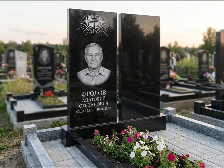 Памятник из чёрного гранита — стела на ступенчатом постаменте с золочёным крестом, работа «Богданов» в Барнауле