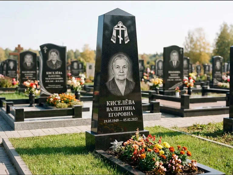 Памятник из чёрного гранита — стела со скошенным верхом с ажурным резным крестом, работа «Селезнёва» в Барнауле