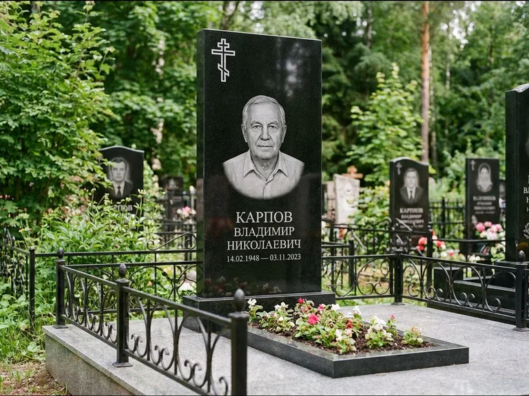 Памятник из чёрного гранита — узкая стела с ажурным крестом с православным восьмиконечным крестом, работа «Гущин» в Барнауле