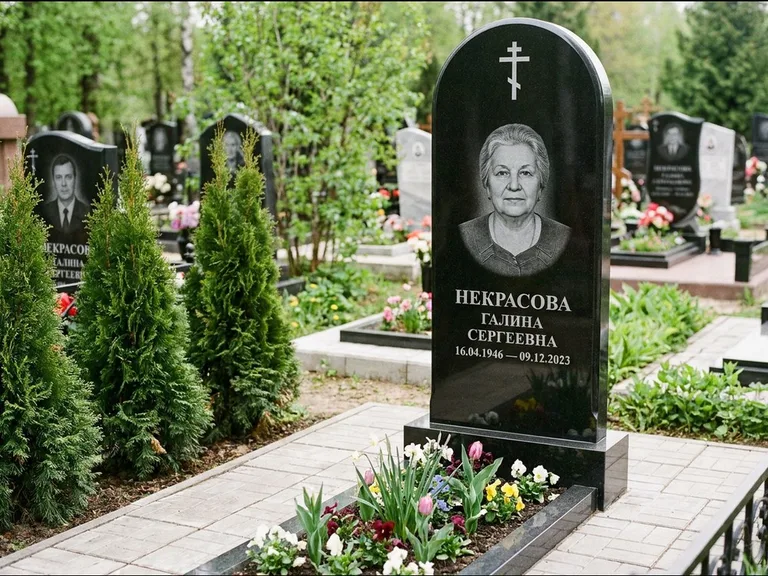 Памятник из чёрного гранита — стела с цветником-плитой с латинским крестом, работа «Лаврентьева» в Барнауле