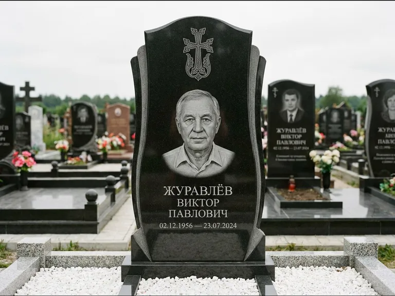Памятник из чёрного гранита — панорамная стела с армянским хачкаром, работа «Тихонов» в Барнауле