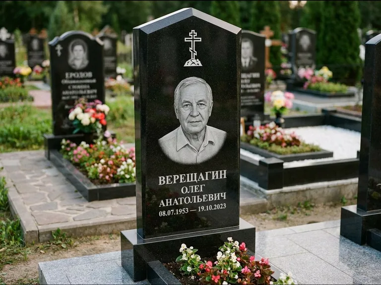 Памятник из чёрного гранита — обелиск-колонна с крестом на Голгофе, работа «Ковалёв» в Барнауле