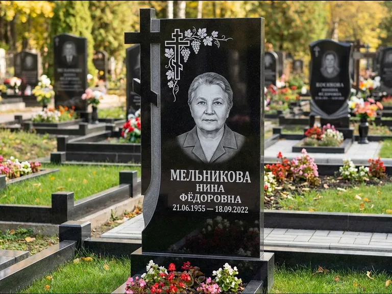Памятник из чёрного гранита — стела с резной рамкой с крестом с распятием, работа «Некрасова» в Барнауле