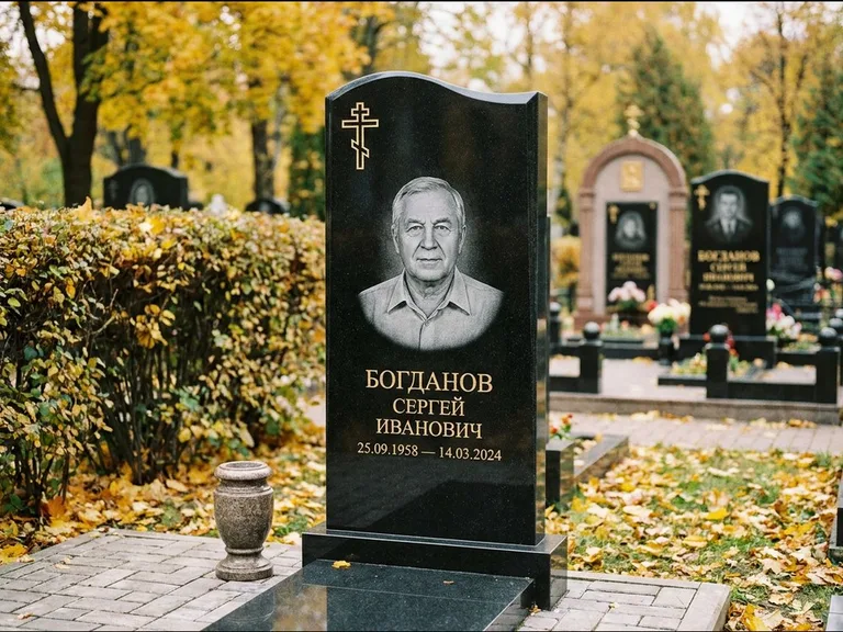 Памятник из чёрного гранита — стела с цветником с процветшим крестом с виноградной лозой, работа «Журавлёв» в Барнауле
