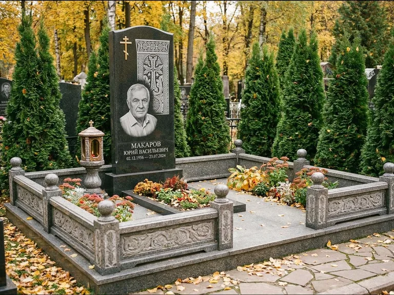 Памятник из чёрного гранита — стела с крестом и лампадой с армянским хачкаром, работа «Гущин» в Барнауле