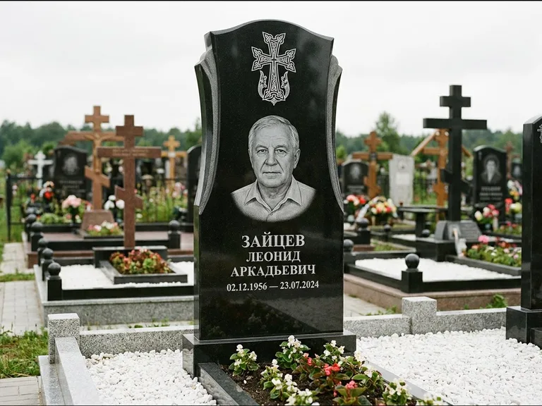 Памятник из чёрного гранита — семейная стела на двоих с армянским хачкаром, работа «Журавлёв» в Барнауле