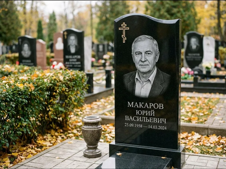 Памятник из чёрного гранита — фигурная стела с киот-нишей с процветшим крестом с виноградной лозой, работа «Богданов» в Барнауле