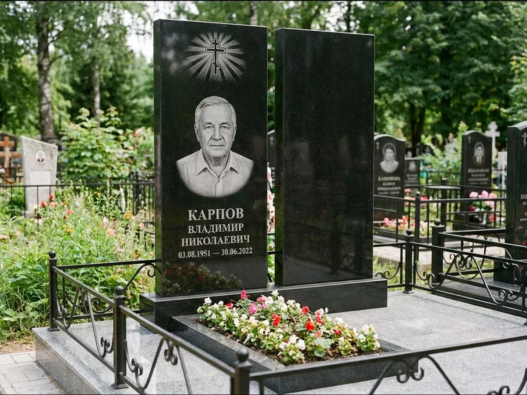 Памятник из чёрного гранита — ступенчатая стела с золочёным крестом, работа «Панкратов» в Барнауле