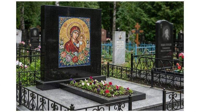 Мозаика на памятник в Барнауле — цветное панно из смальты на чёрной гранитной стеле