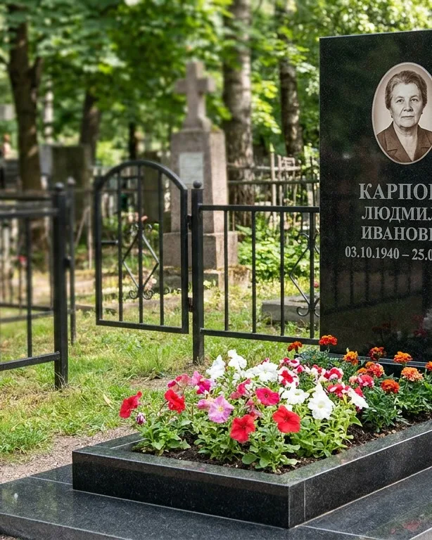 Памятник под ключ с низкой оградой и цветником в Барнауле