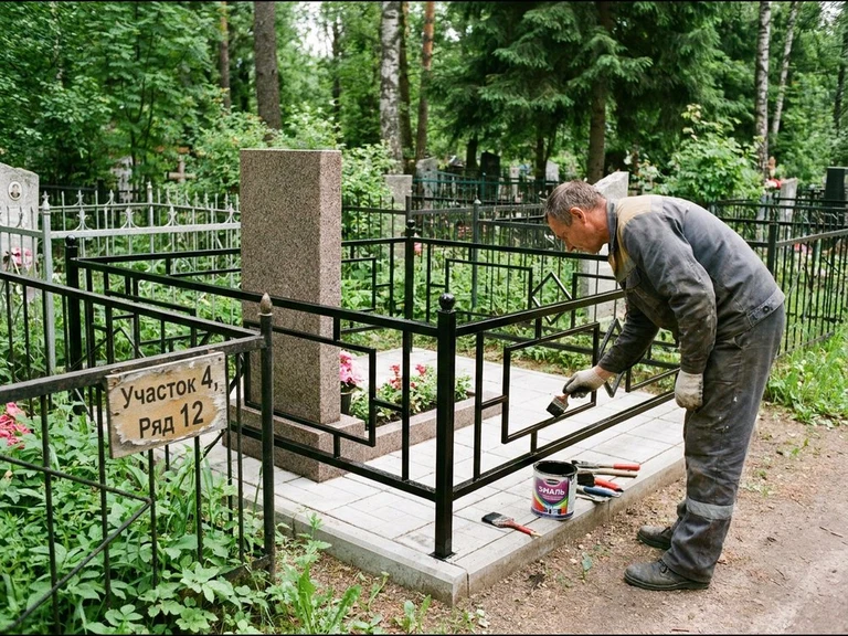 Покраска оградки на кладбище в Барнауле — мастер красит металлическую ограду на могиле чёрной эмалью