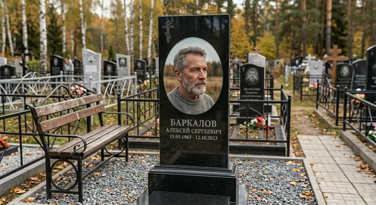 Овальный портрет на стекле на чёрной гранитной стеле в Барнауле