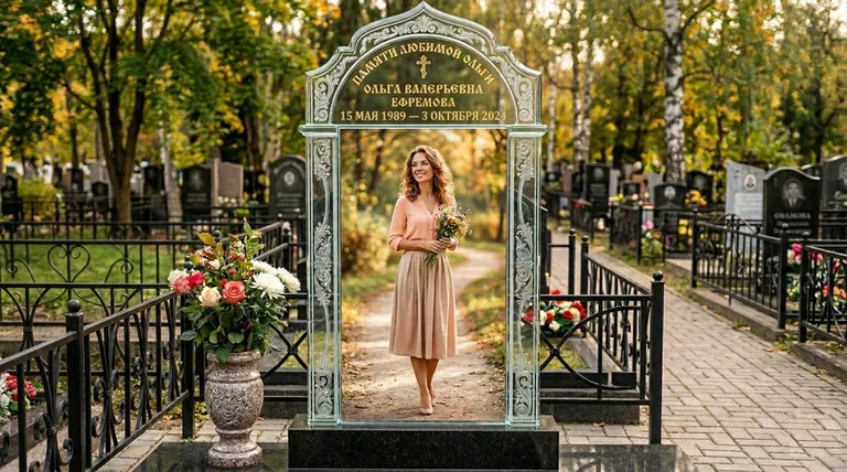 Портрет на стекле в форме арки на памятнике в Барнауле