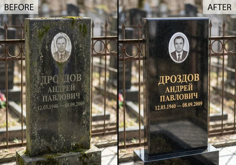 Чистка и полировка гранитного памятника: до и после в Барнауле