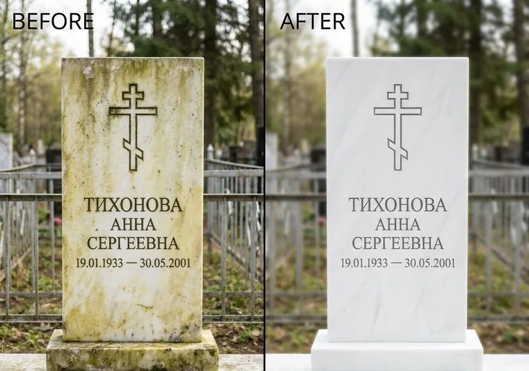 Восстановление мраморного надгробия от желтизны: до и после в Барнауле