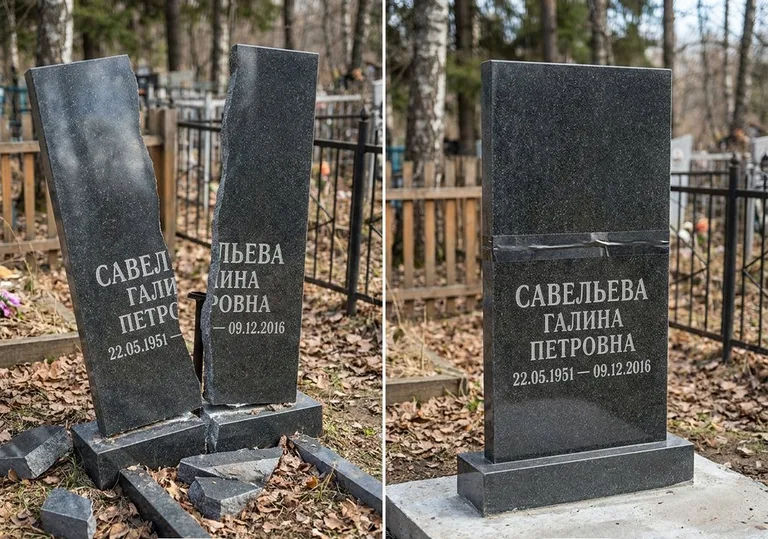 Склейка расколотого гранитного памятника: до и после в Барнауле