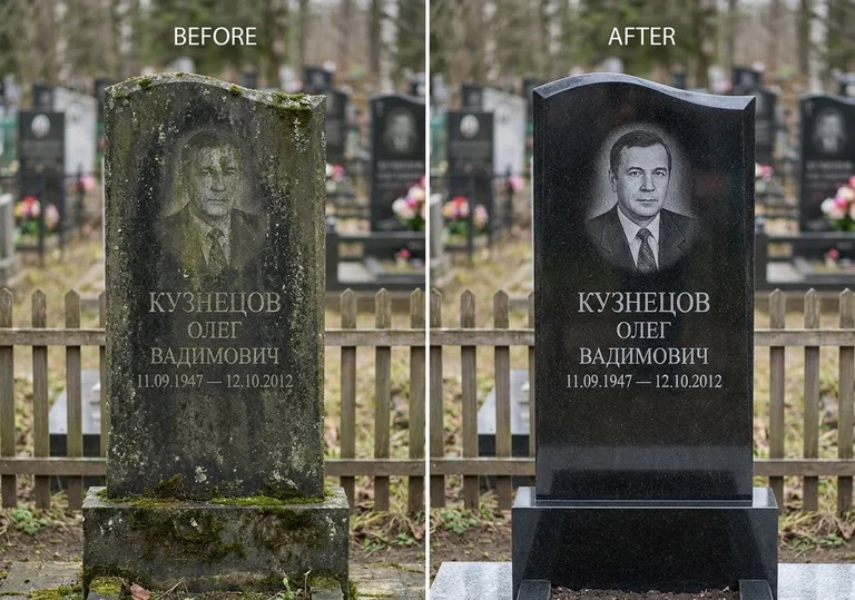 Реставрация гранитного памятника: до и после чистки и полировки в Барнауле