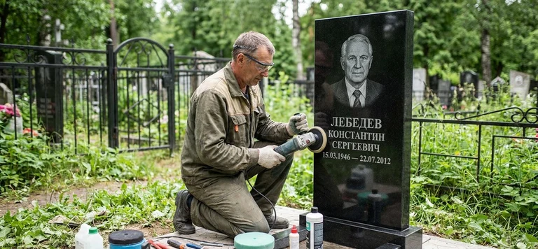 Реставрация памятника в Барнауле — восстановление гранита, заделка трещин и обновление надписей на кладбище