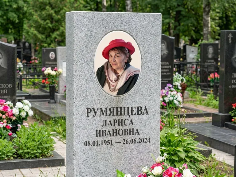 Портрет на памятнике в Барнауле — Цветной портрет → овальная фотокерамика на светлом камне
