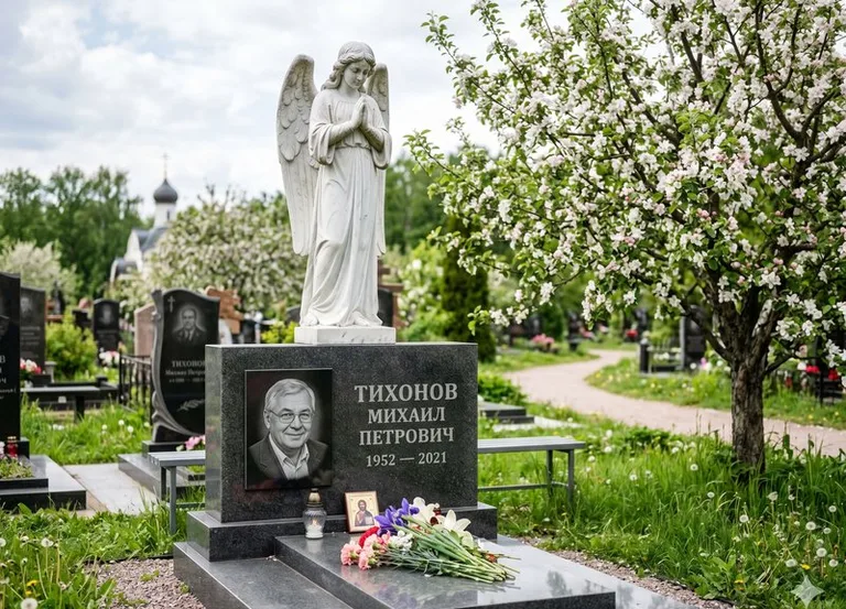 Мраморный молящийся ангел на гранитном памятнике весной в Барнауле