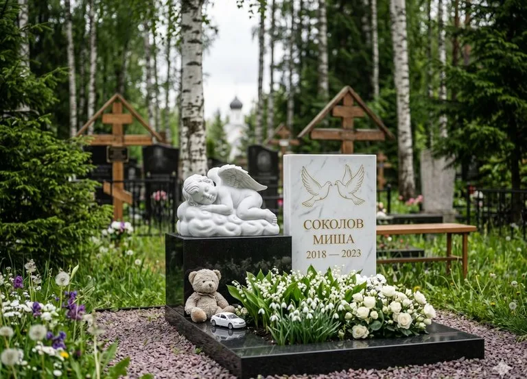 Белый ангелочек на детском памятнике в Барнауле