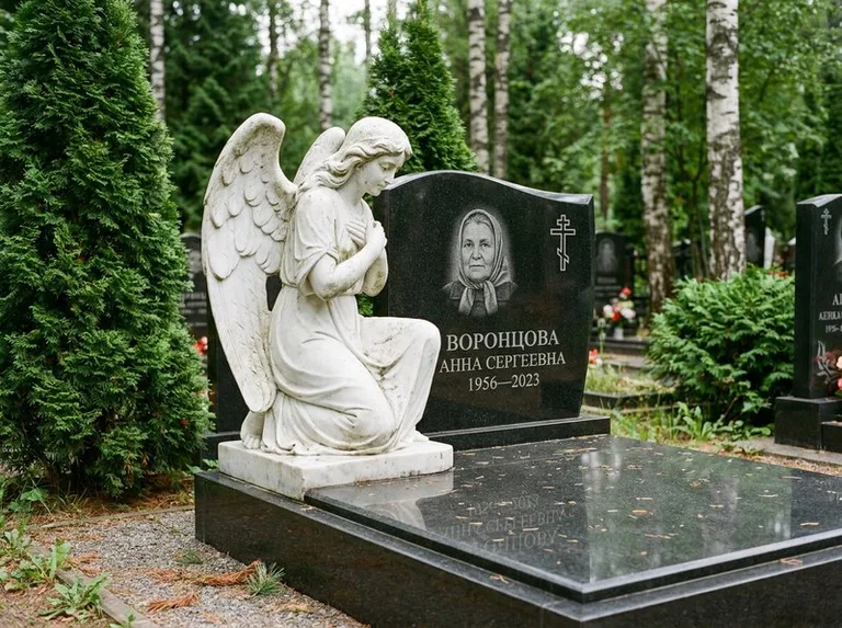 Белый мраморный ангел на гранитном памятнике в Барнауле