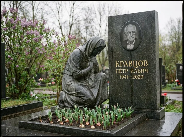 Гранитная скорбящая фигура у стелы на кладбище в Барнауле