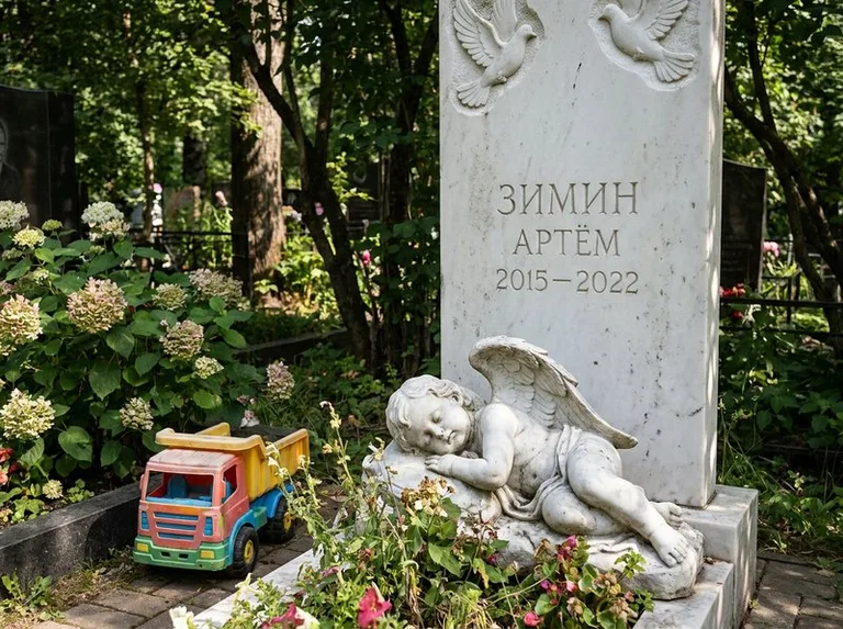 Спящий ангелочек на детском памятнике в Барнауле
