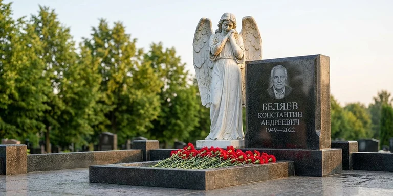 Скульптура на памятник в Барнауле — мраморный ангел на гранитном мемориале