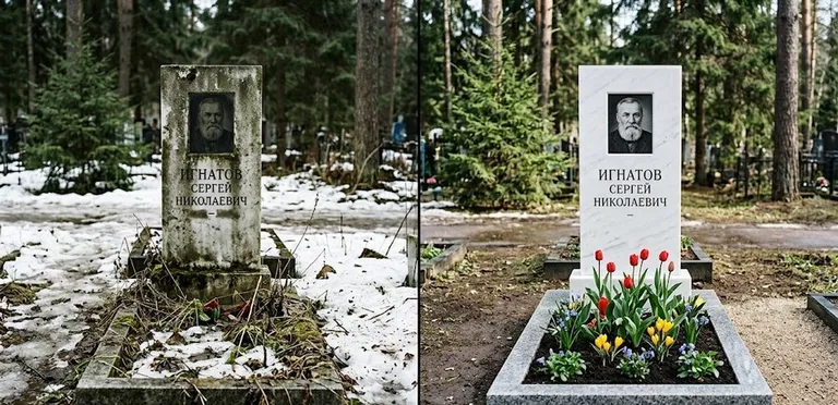 Диптих №6: высадка хризантем у подножия серого гранита — до и после уборки в Барнауле