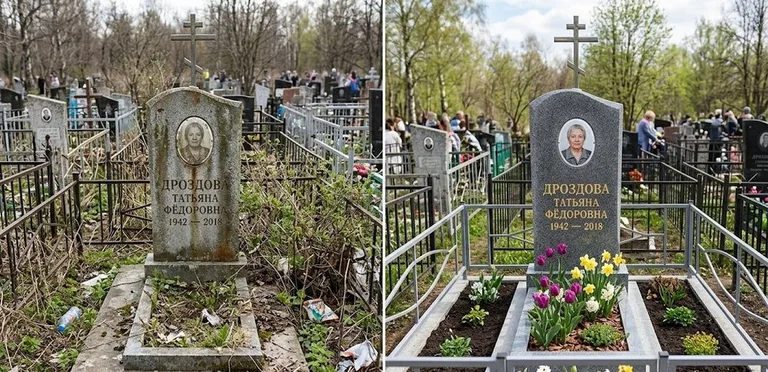 Диптих №4: свежепокрашенная серебром оградка и отмытый красный гранит — до и после в Барнауле