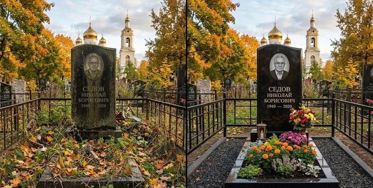 Уборка могилы до и после осенью — у церкви в Барнауле