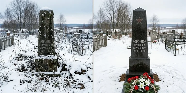 Уборка могилы до и после зимой — воинский обелиск в Барнауле
