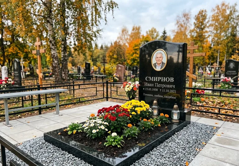 Ухоженная могила после уборки и мойки памятника в Барнауле