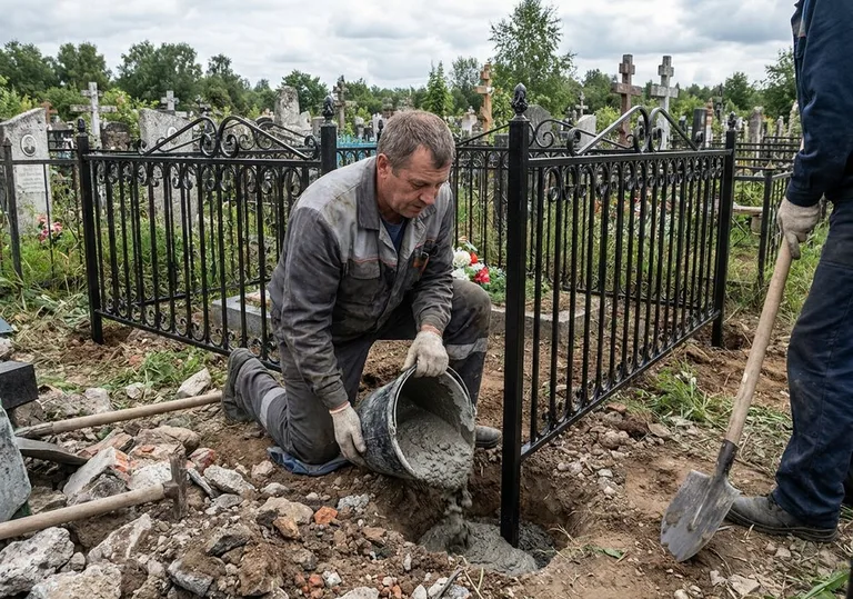 Установка ограды бетонированием ножек в грунт в Барнауле