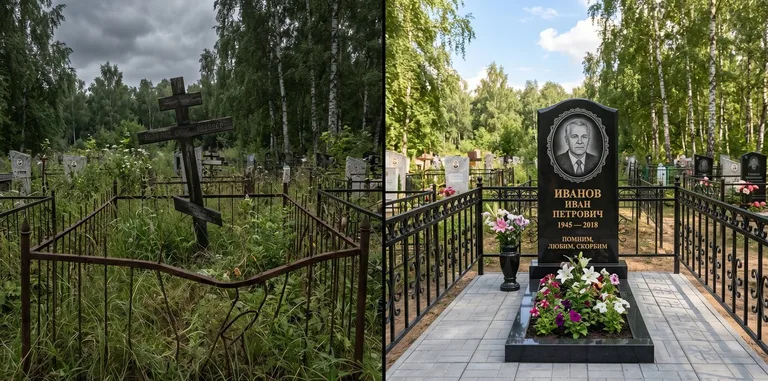 Благоустройство могилы до и после установки памятника в Барнауле