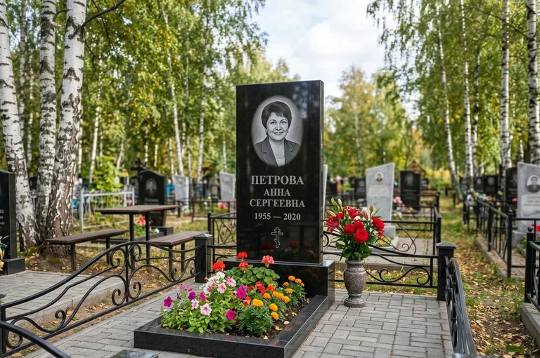 Гранитный памятник с цветником и плиткой в Барнауле