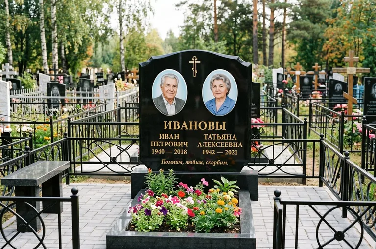 Установка памятника на бетонное основание с цоколем и цветником в Барнауле